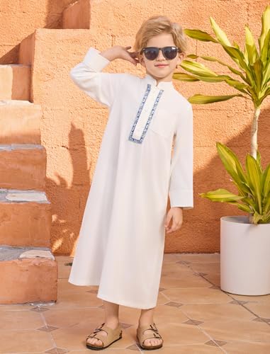 Image of OBEEII Boy's Muslim Arab Solid Color Thobe Long Sleeve Kaftan Embroidered Robe Islamic Arabic Abaya Thobe