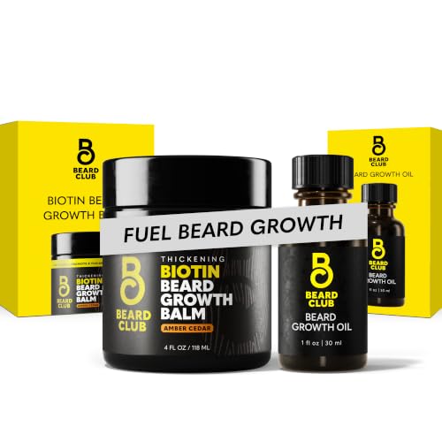 Image of The Beard Club Beard Growth Oil and Biotin Balm Bundle - Mens Grooming Kit with Castor, Cedar and Avocado Oil, Shea Butter - Softens, Hydrates, Supports Fuller Facial Hair - 1 oz + 4 oz