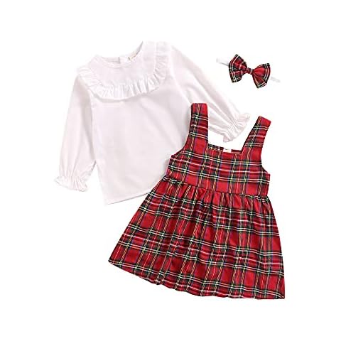 Geagodelia Traje Navideño Conjunto de Navidad Vestido a Cuadros para Niñas Camisa de Manga Larga con Cuello Redondo Pajarita y Diadema Ropa de Navidad para Niñas Cover