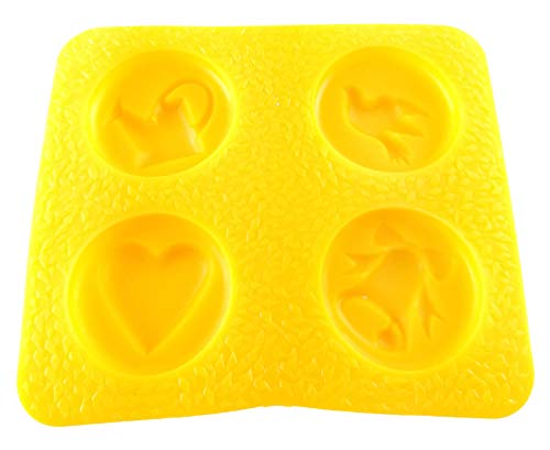 Edelaines Flexible Soft Candy Molds - Dove, Wedding Bell, Watering Can, Heart - Yellow, Plastic, 4 Cavity, 0.155 Cups, Flat Disc