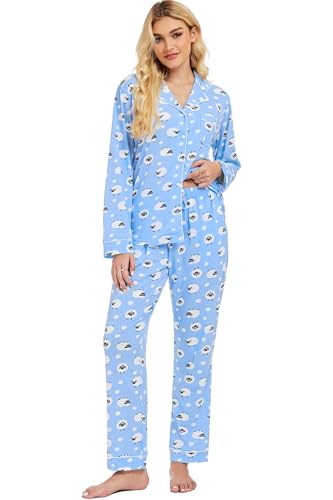 Image of LUBOT 100% Cotton Pajamas for Women Pajama Set 2 Piece PJ Sleepwear Set Soft Ladies Button Knit Long Sleeve Loungewear XS-XXL