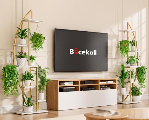 Image of BACEKOLL Plant Stand Indoor with Grow Lights, 6 Tiered Tall Plant Shelf, 63 inch Metal Plant Stand for Indoor Plants Multiple, Half-Moon Plant Rack Display Shelf, 2 Pcs Plant Holder for Living Room (Faux Marble White + Gold)