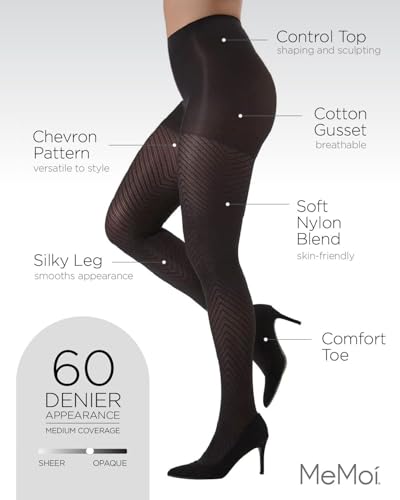 Image of MeMoi Chevron Control Top Tights, Smoothing Tummy Control 60 Denier