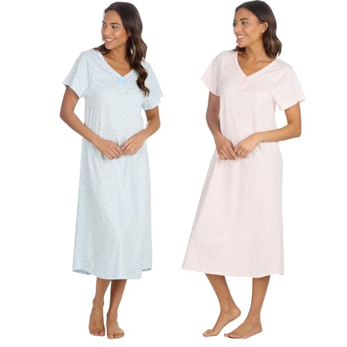 INSIGNIA Womens Pack of 2 Short Sleeve Long Pure Cotton Jersey Nightshirts Nighties (Pink-Blue Spot 14-16)