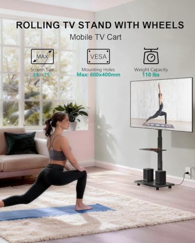 Image of WALI Rolling TV Stand with Power Outlet & AV Shelf, Mobile Tall TV Stand Mount on Wheels for 34-75 inch TV up to 110 lbs, Swivel Height Adjustable TV Cart with Wood Base for Bedroom(TVDVD-6PR), Black