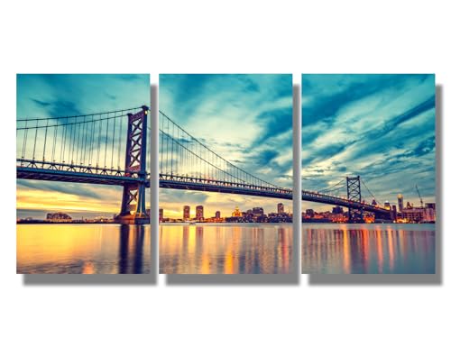 Wall Art for Living Room Ben Franklin Bridge Posters Native American Wall Painting Philadelphia Cityscape Wall Decor Artwork 3 Panels Philadelphia Skyline Framed Wall Art Ready to Hang 16X24X3 INCH