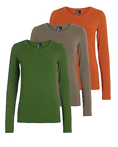PIECES Damen PCSIRENE LS Tee 3-Pack NOOS CP, Burnt Orange/3-PACK ORANGE-KAL, L – Ansicht 1