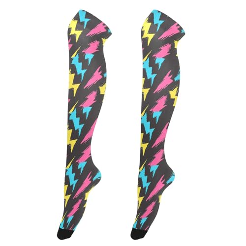 Colorful Lightning Bolt Black Thigh High Socks Long Boot Stockings Elastic Knee High Socks for Women Leg Warmers