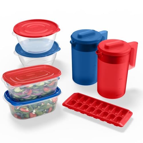 Image of Rubbermaid TakeAlongs Special-Edition Americana 13-Piece Set of Food Storage Containers with Lids, Including Two Pitchers and Ice Tray, QuikClik Seal, BPA-Free
