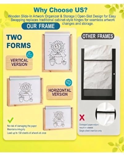 Image of Kids Art Display Frame - Wooden Slide-In Artwork Organizer & Storage | Open-Slot Design for Easy Swapping - Wall Mount Picture Frame for Kids Room & Classroom, Includes Bonus 10 Coloring Pages(1) - Open Design(Without Lid)