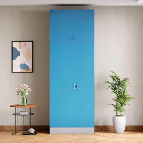 Image of Interio by Godrej Almirah Slimline 2-Door Steel Almirah, Cupboard for Clothes (Royal Ivory and Milky Blue), 1-Year Warranty, 1 Locker, 4 Shelves, Over Head Unit