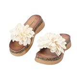 JOMIX Sandalias Mujer con Flores de Tela Cuña Efecto Madera Chanclas Cómodas Antideslizantes Ligeras para Playa y Paseos (BEIG,40_41)