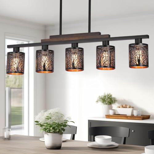 Shupregu 1073SL Dining Room Light Fixture/Chandelier Over Table, 5-Light Kitchen Island Lighting Hanging For Farmhouse Matte Black Linear Chandeliers Rustic Solid Wood Ceiling Pendant Light Fixture Iron Art Shade cover