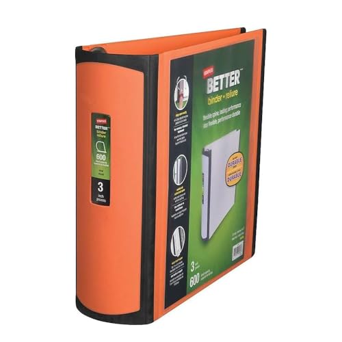 STAPLES 3-Inch D-Ring Heavy Duty Binder - Orange, Holds 600 Sheets, 3-Ring View, School Organization, Durable for Documents