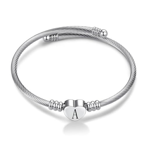 Women Initial Heart A-Z Letter Cuff Bracelet Personalized Name Expandable Wristband Bangle Bracelets Stainless Steel Birthday Jewelry