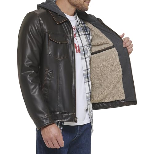 Image of Levi's Men's Faux Leather Hooded Trucker Jacket With Sherpa Lining (Regular & Big & Tall Sizes)