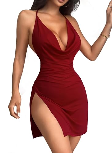 Image of JOTWIS Women's Sexy Backless V Neck Mini Dress High Slit Club Night Out Party Cocktail Dresses