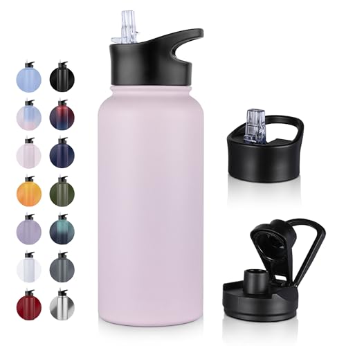UMBFUN Insulated Water Bottle - 1L 2 Lids (Straw Lid and Spout Lid) - with Straw,Stainless Steel Double-Walled Insulated Vacuum Leakproof,BPA Free,Drink Flask for Travel Sports Gym Camping Hiking