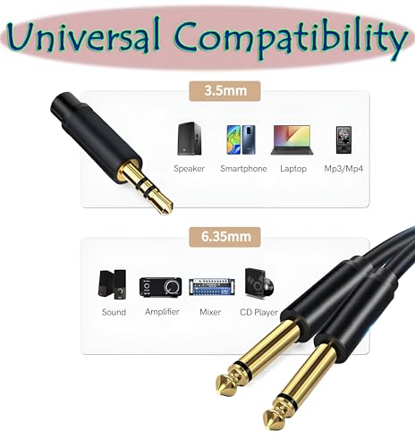 Image of [ 1.5 Meter ] 3.5mm to 2 x Mono 6.35mm Splitter Cable ; 3.5mm 1 /8 inch TRS to Dual 6.35mm 1 /4 inch TS Mono Stereo Y-Cable Splitter Cord for Smartphone, Computer, CD Player, Speakers