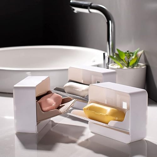 Image of Wall Mounted Soap Box with Flip Cover and Drain Tray | Detachable Inner Support | Adhesive Sticker Installation | ABS Soap Holder for Bathroom (1 pcs Wall Mounted Soap Box-Small)