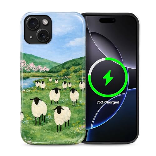 Goodsprout for iPhone 14 Plus Cases,Campatible with Magsafe,2-Layer Hard Shell + Silicone Cover - Shockproof Protection, High-end and Fashionable Phone Case Green Grassland with A Flock of Sheep