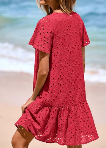 Image of KIRUNDO Eyelet Dresses for Women Button Down Mini Babydoll | 2026 Summer Short Sleeve Boho Sundress, Loose Fit V Neck Short Dress With Pockets, A Line, Cruise Beach Vacation Outfits