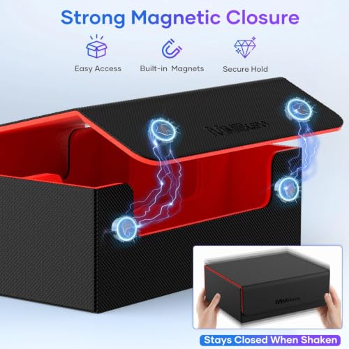 Image of Mlikero Trading Card Storage Box, Bulk Card Storage for 1800+ Sleeved Cards, PU Leather Magnetic Closure Card Organizer with 10 Dividers & 3 Foam Stoppers, Fit for MTG, TCG and Sports Cards (Red)