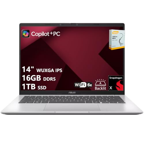 Image of ASUS Vivobook 14 Professional AI Laptop | 14 inch WUXGA IPS Anti-Glare | 8-core Snapdragon X (Up to 45 NPU Tops) | 16GB DDR5 1TB SSD | Backlit USB4 WiFi 6E Long Battery Life Win11 w /DLCA Accessory
