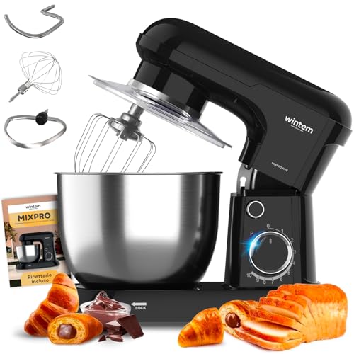 Avilia Impastatrice Planetaria con Ciotola in Acciaio 5L Nero 1500W - 10 Velocità Regolabili - Classe di Protezione II - Include Gangio ad Uncino, Frusta e Battitore - Funzionamento Silenzioso