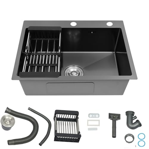 Fregadero de cocina 60x45 cm, fregadero de acero inoxidable para cocina, fregadero empotrable rectangular de 1 cubeta, fregadero con 2 orificios para grifo, incluye sifón y cesto filtrante, lavabo de