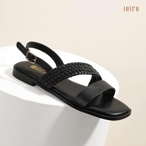 IDIFU Flat Braided Strappy Sandals for Women Square Open Toe Slingback with Buckle Adjustable Back Strap Women's Summer Beach Wedding Comfortable Cute Dressy Tendy Dress Sandals for Ladies Brides4