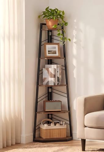 YITAHOME Eckregal Bücherregal mit 5 Ebenen Leiterregal Aufbewahrungsregal Pflanzenregal für Wohnzimmer Industrial-Design mit Stahlrahmen vintagebraun-schwarz