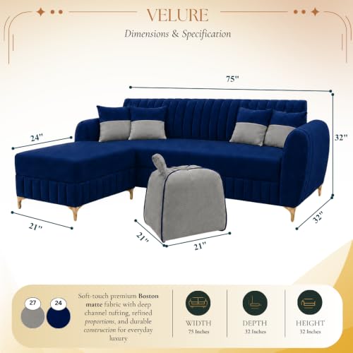 Image of CASASTYLE Signature Velour 4-Seater L-Shape Sofa Set with Movable Ottoman & Suri Pouf | Flexible LHS /RHS Layout | Boston Fabric | 40D Foam + Zigzag Spring | 3-Yr Warranty (Midnight Blue, Light Grey)