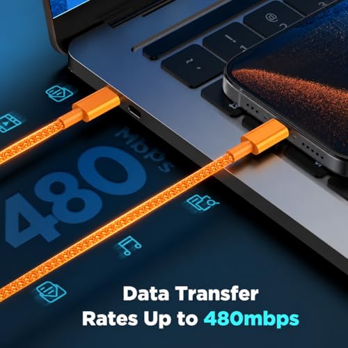 Image of mifaso 60W Type C PD-Fast Charging Cable Compatible with iPhone 17 /16 /15 / Pro Max /Pro /Plus /Air /E /Google 10 /Samsung S26 /S25 / Laptop /MacBook| 60 W USB C, MFi Certified, 1 Year Warranty (Cosmic Orange)