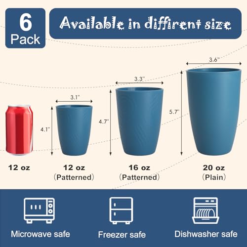 Image of Plastic Drinking Cups Set of 6, 16 OZ Wheat Straw Cups, Dark Blue | Reusable and Lightweight Plastic Tumblers for Daily Use & Outdoor