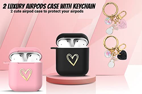 Redx1 [2 Pack] Airpods Case Gold Heart Design Protective Cover With Lucky Ball Keychain Accessories,Soft Tpu For Women,Girl,Teen Compatible With Airpods 1&2Nd Generation (Black,Pink) #TOP1