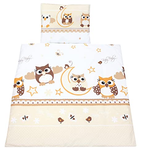 TupTam Unisex Baby Wiegenset 4-teilig Bettwäsche-Set: Bettdecke mit Bezug und Kopfkissen mit Bezug, Farbe: Eulen Beige, Größe: 80x80 cm