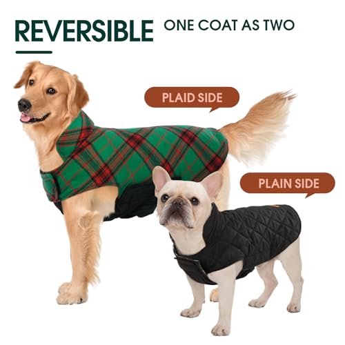 Image of Kuoser Waterproof Dog Coat, Warm Reversible Dog Jacket with Leash Hole | Soft Cozy Dog Cold Weather Coats for Rainy Snow Days, Lightweight Jacket for Small Dogs, Xmas Dogs Snowsuit Xmas Green S