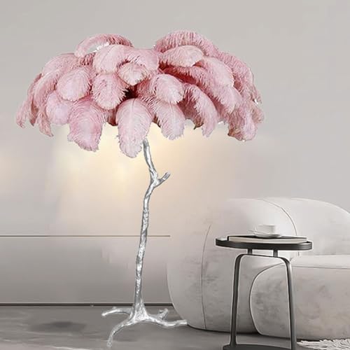 Lámpara de pie romántica para dormitorio, diseño de plumas plateadas y luz regulable