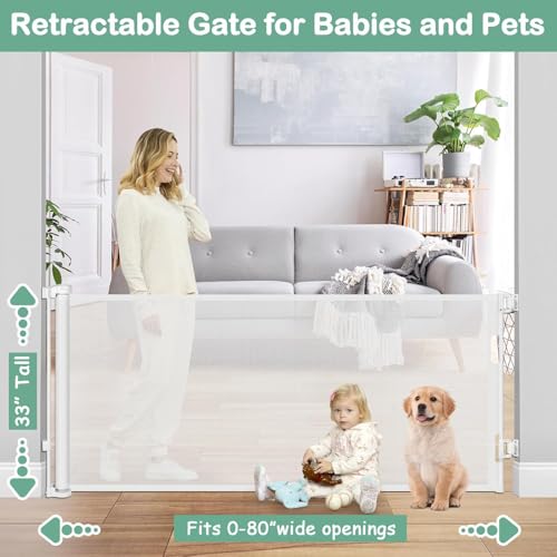 80 Inch Retractable Dog Gate for Doorways Retractable Mesh Baby Gate for Stairs 33” Tall Retractable Baby Gates Outdoor Deck Gate for Pets Barrier Retractable Gates for Dogs Indoor Child Safety Gate