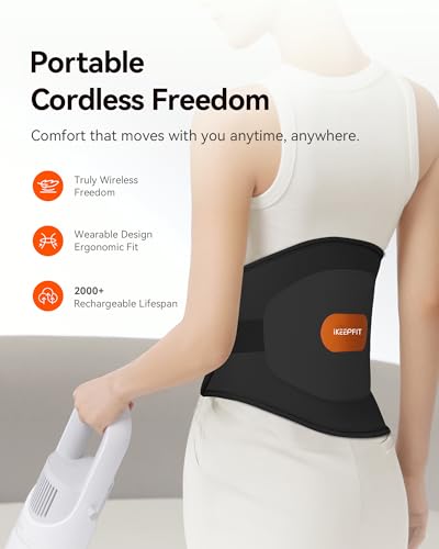 IKEEPFIT Portable Heating Pad for Back, Cordless Wearable Heat Belt with Massager for Lower Back Pain Relief, Battery Powered 8000 mAh Rechargeable, MAXwarm® 3.0, Gift for Women Men 90-310 lbs