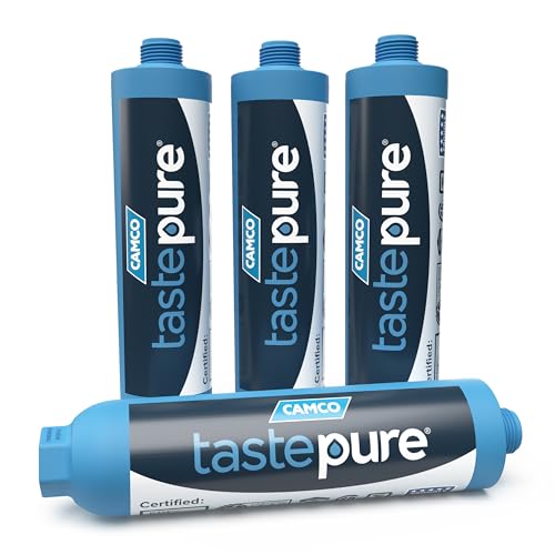 Camco TastePURE 20-Micron Wide-Body Inline Design Water Filter with GAC and KDF Filtration for RVs, Boats, Travel Trailers, and Campers (4-Pack)