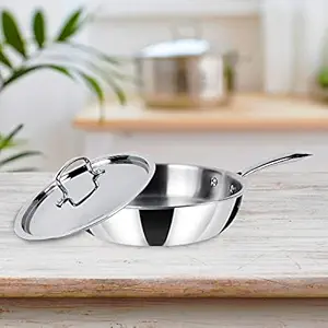 USHA SHRIRAM Triply Stainless Steel Frying Pan with Lid (1.5L) | Stove & Induction Cookware | Heat Surround Cooking | Easy Grip Handles | Stainless Steel Fry Pan with Lid