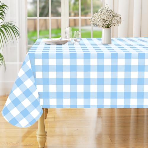 Image of misaya Square Waterproof Vinyl Table Cloth, Buffalo Flannel Backed Tablecloth, Wipeable Plastic Table Cover for Dinner, Kitchen, Outdoor (54 inch x 54 inch, Baby Blue and White)