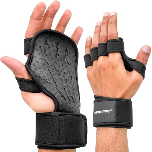 Encore Grips Griffpolster Kraftsport Herren & Damen Fitness Handschuhe Alternative offen 3D Gummi Antirutschfläche Handflächen Schutz Handgelenkbandage Gym Crossfit Klimmzüge (Schwarz M)