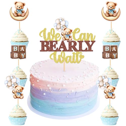 25PCS We Can Bearly Wait Cake Topper Blue Baby Bears Cupcake Toppers Teddy Bear Cupcake Picks for Baby Shower Gender Reveal Boys Blue Bearly Birthday Cake Cupcake Decorations Supplies