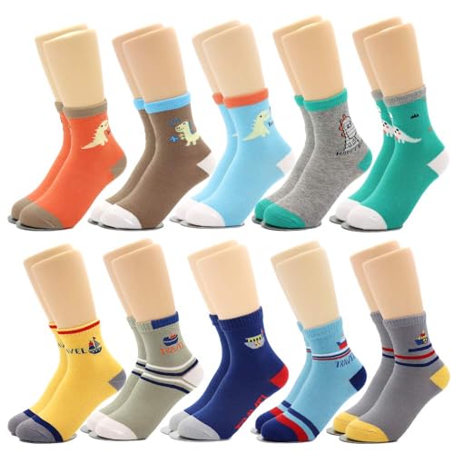 Dorhaeris 10 pares de meias de algodão modernas para meninos de 3 a 11 anos, Dinossauro e navio, X-L