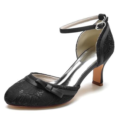 Dress First Wedding Shoes Lace Satin Bow Heels for Women High Heel Closed Toe Wedding Heels Bridesmaid Shoes Ankle Strap Heels Elegant with Buckle, 2.56 inch