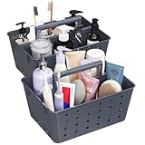 Lifewit Cesta Baño Organizador Juego de 2, Organizador Productos limpieza, Cesta Ducha Plástico con Asa, Cestos Almacenaje Para Guardar Champú, Gel de Ducha, Cepillo y Pasta de Dientes, Gris