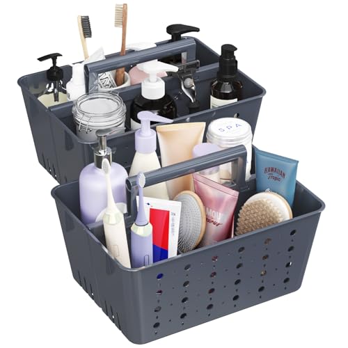 Lifewit Cestino Portaoggetti per il Bagno Set di 2, Contenitori da Doccia in Plastica, Organizer Bagno per Shampoo, Balsamo, Bagnoschiuma, Spazzolino da Denti, Dentifricio, Grigio